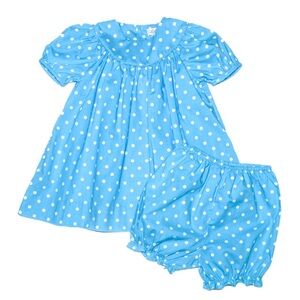 PETIT AMI EUC Blue Polka Dot Dresss Bloomers Set